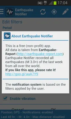 Earthquake Notifier android App screenshot 1